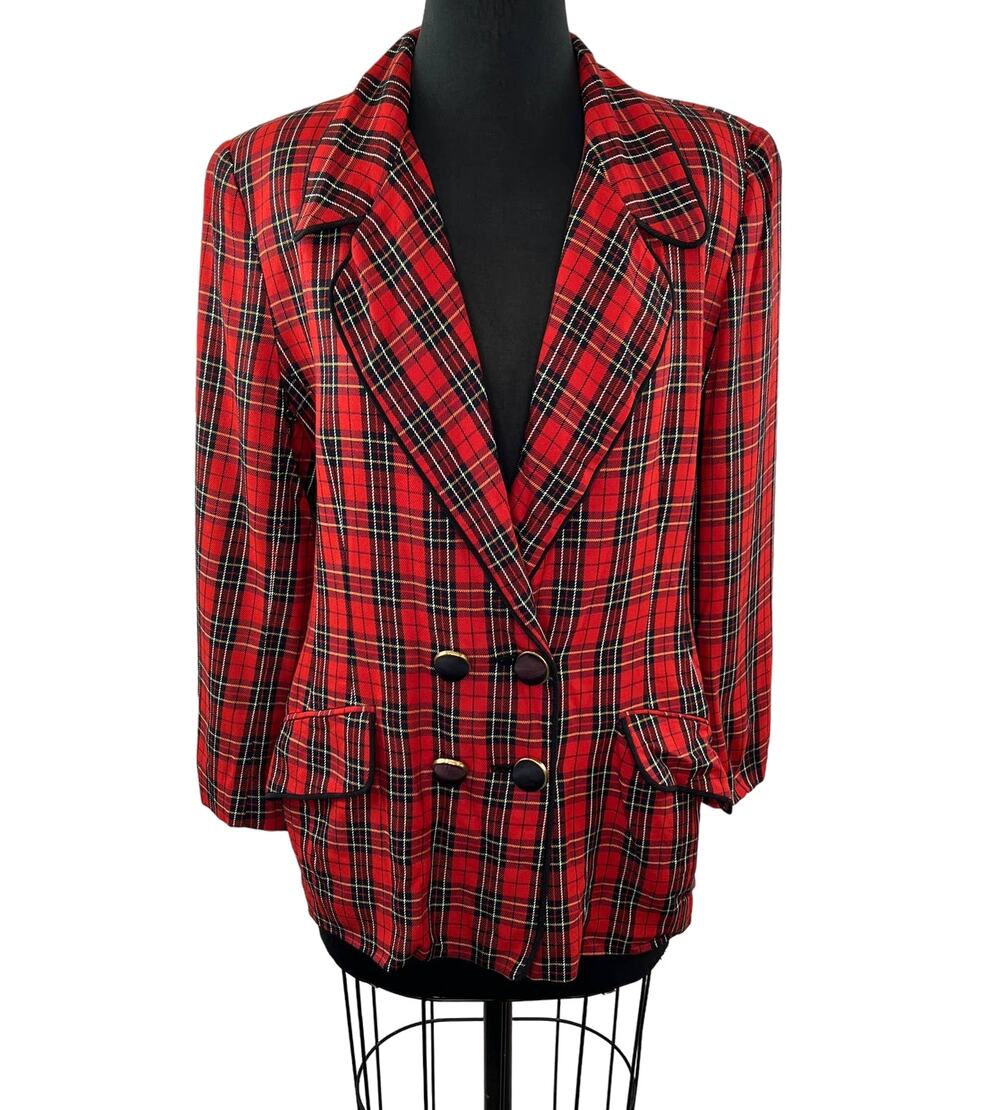 VINTAGE Ann Taylor Studio Red Tartan Plaid Double Breasted Blazer Jacket USA 4
